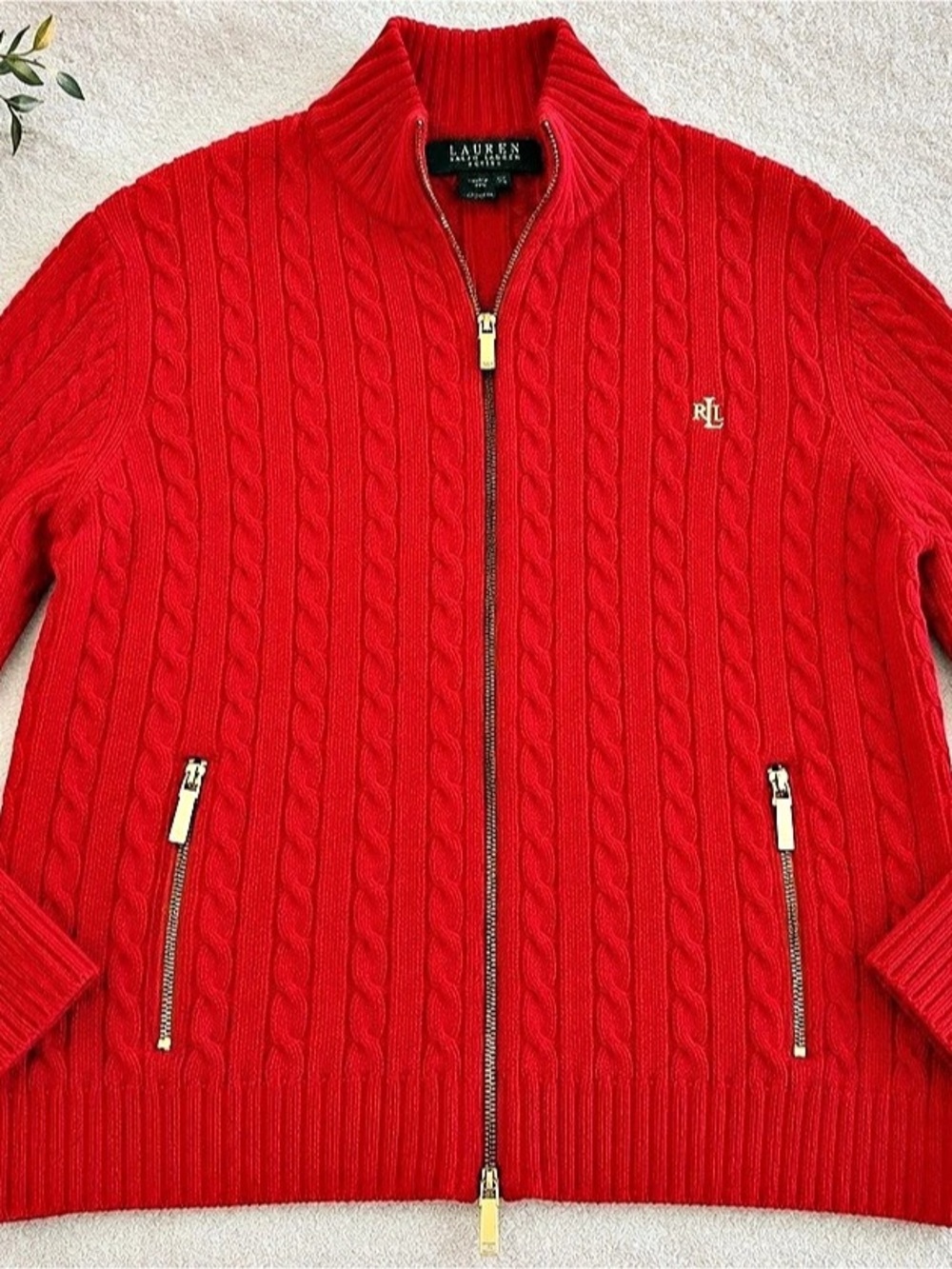 Lauren Ralph Lauren Cable-Knit Full-Zip Sweater Red Large